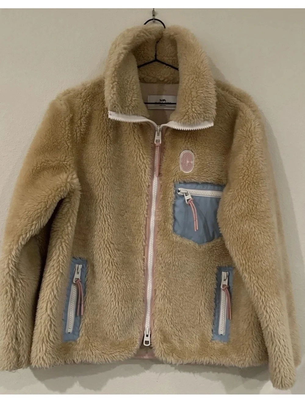 Coach 4584 Sherpa Fleece Zip Jacket, Colorblock Trim Retro Oval C Logo Gorpcore